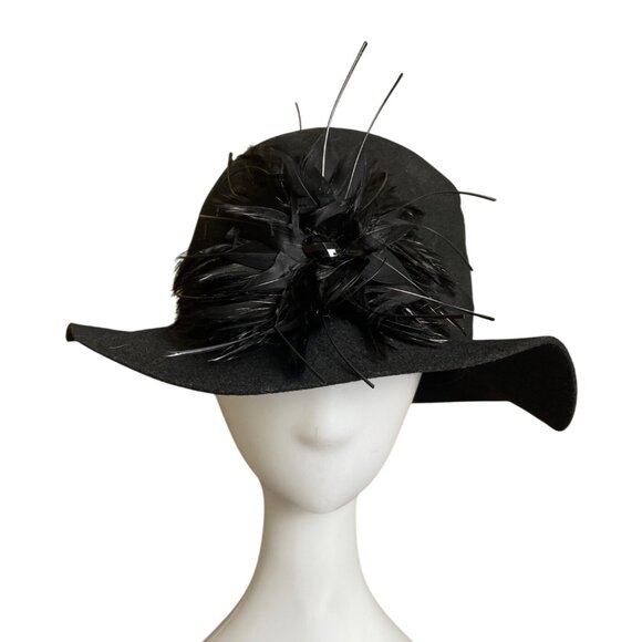 Nordstrom  Black Wool With Feather & Sequin Detail Womens Cloche Hat - Picture 2 of 8
